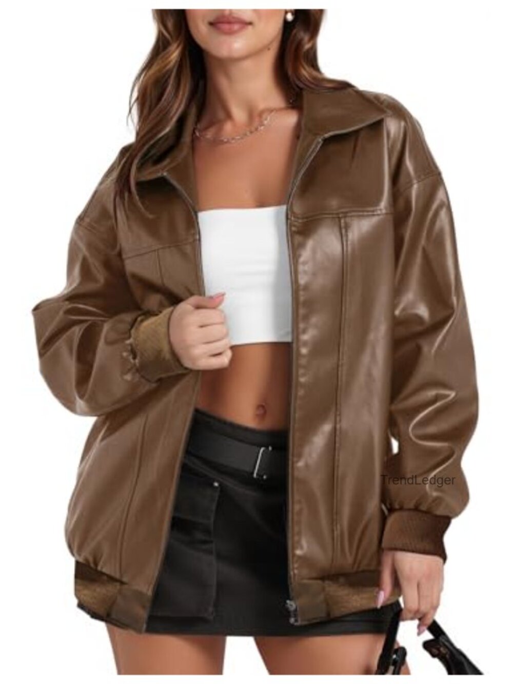 Women's Oversized Faux Leather Bomber Jacket Fall 2026 Trendy Moto Coat with